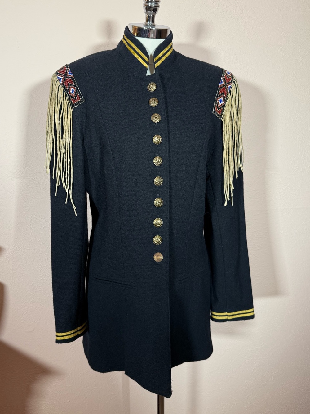 Double D Ranch black wool leather fringe beaded western Military long jacket Lg